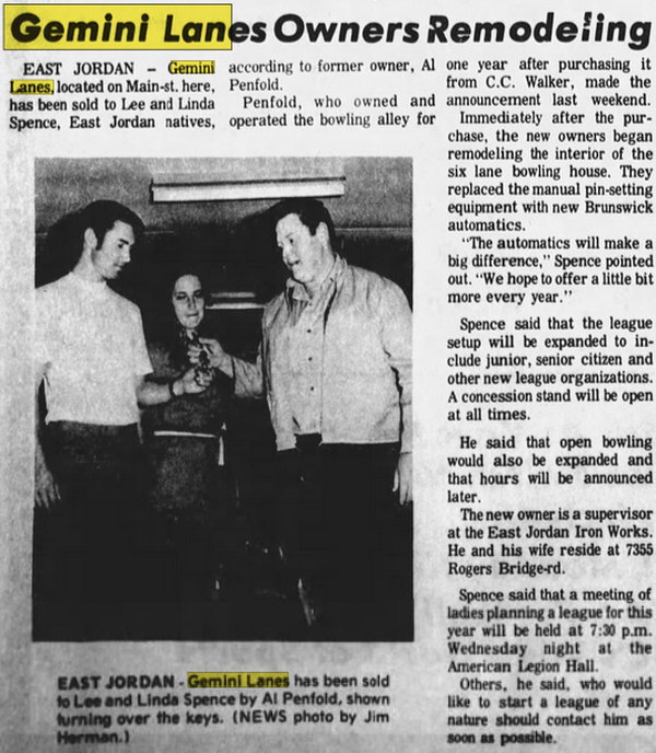 Gemini Lanes (Teen Zone, East Jordan Recreation, The Zone Sports Lounge) - Aug 18 1971 Article